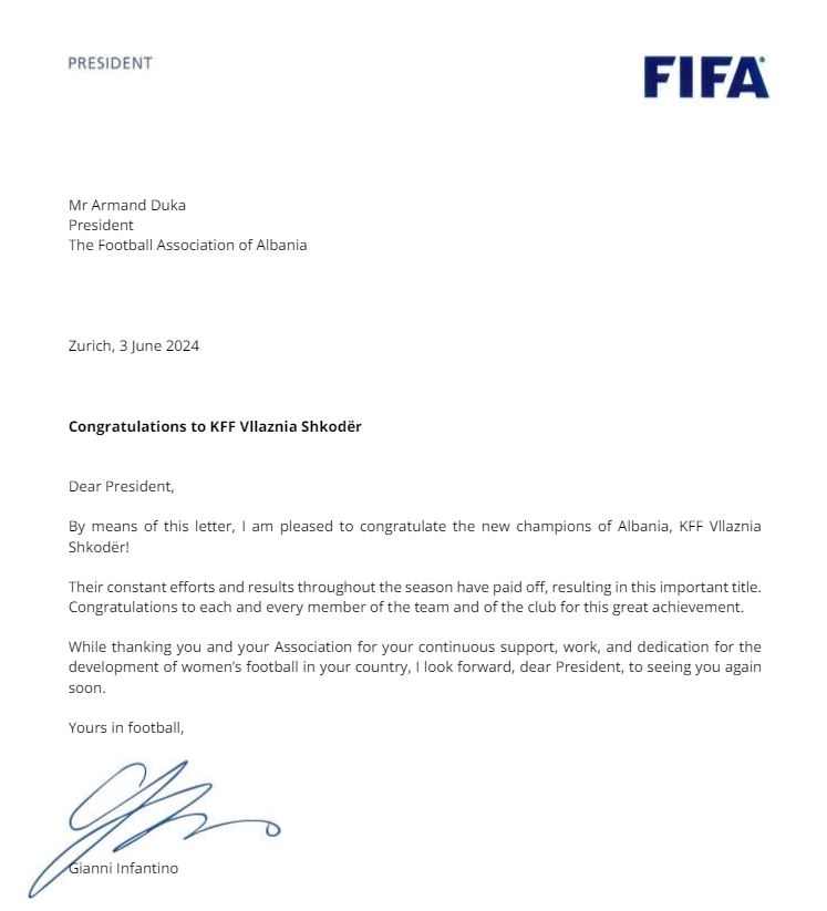 Presidenti i FIFA-s, Gianni Infantino, uron KFF Vllaznia për titullin kampion: Pres me padurim t’ju shoh përsëri së shpejti