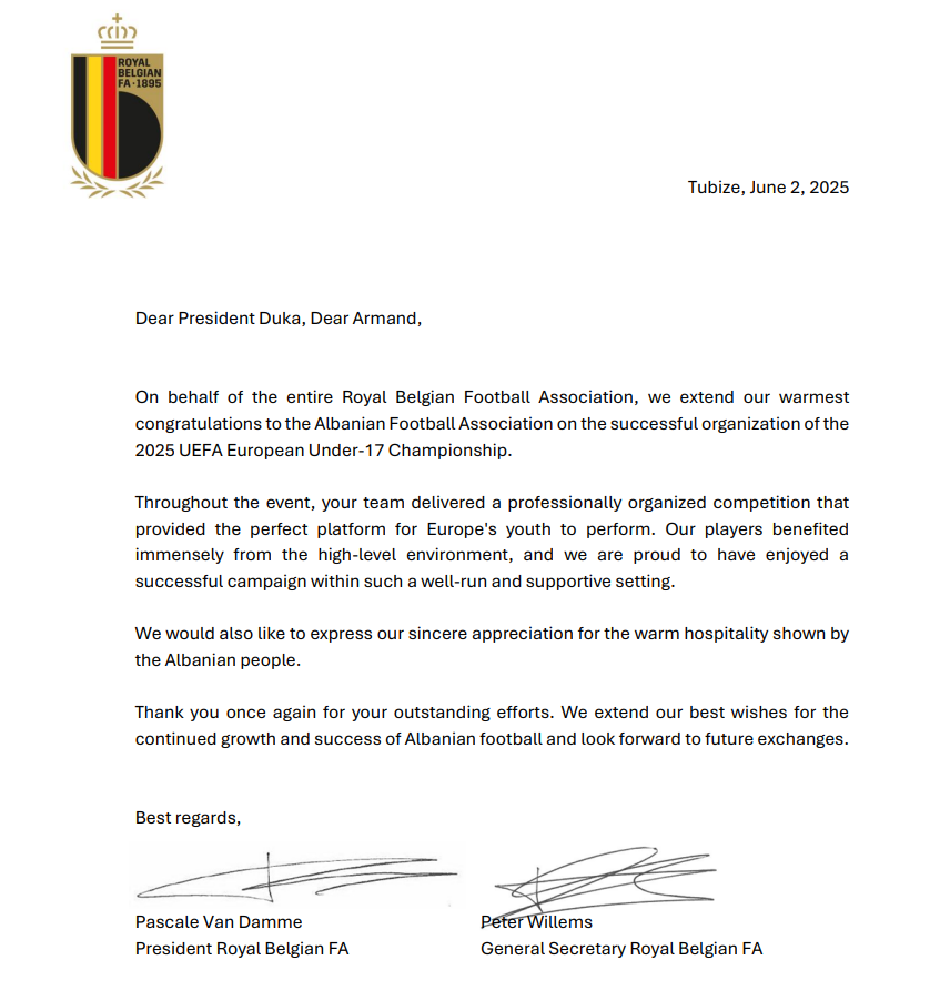 Organizimi i suksesshëm i Euro U-17 në Shqipëri, Federata Belge e Futbollit letër urimi Presidentit Duka & FSHF-së