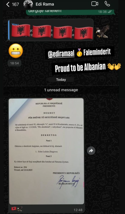 Edon Zhegrova pajiset me pasaportën shqiptare, poston në Instagram bisedën me Edi Ramën