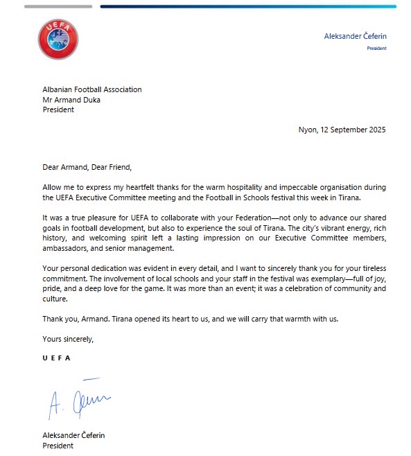 Mbledhja e KE-së së UEFA-s në Shqipëri, Ceferin falënderon Presidentin Duka: Organizim perfekt, kënaqësi e vërtetë bashkëpunimi me FSHF