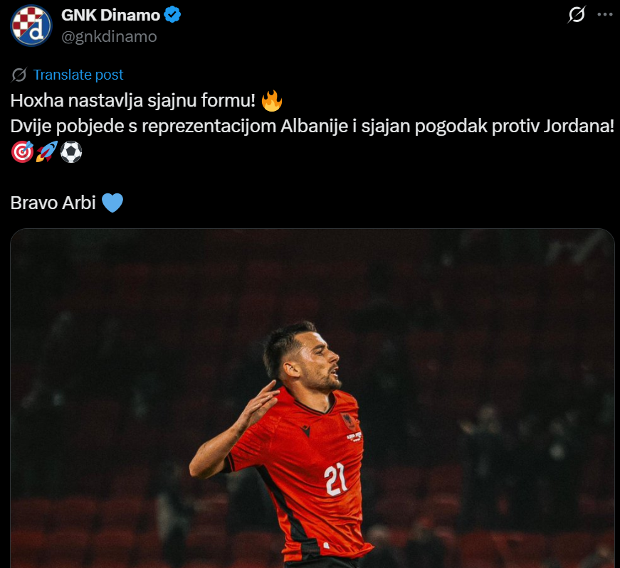 “Ai është në formë brilante”! Dinamo e Zagrebit uron Arbër Hoxhën për Shqipërinë: 2 fitore dhe 1 super gol