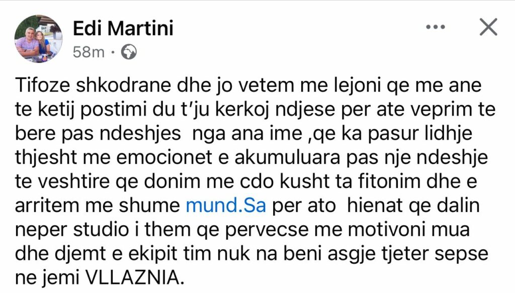 “Hijenat në studio vetëm sa më motivojnë”, Martini reagon për gjestin pas ndeshjes me Dinamon: I kërkoj ndjesë tifozëve shkodranë