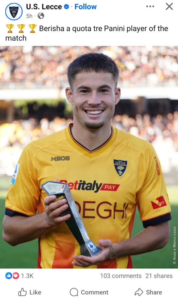 Leçe krenohet me Medon Berishën, mesfushori shqiptar merr çmimin e tretë në Serinë A