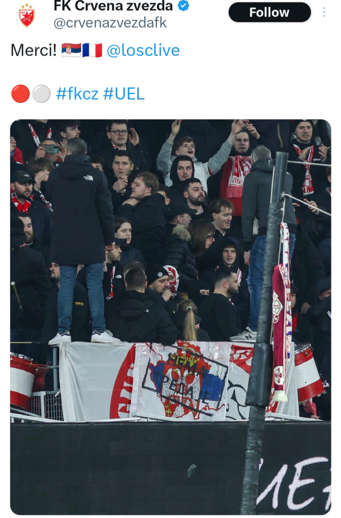 E turpshme/ Tifozët shpalosin hartën e Kosovës me flamurin serb në Europa League, Crvena Zvezda krenohet në rrjetet sociale