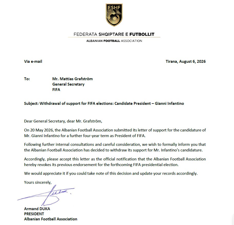 FSHF revokon mbështetjen për kandidaturën e Gianni Infantinos për President të FIFA-s