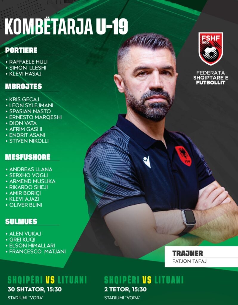 Miqësoret e Kombëtares U-19 kundër Lituanisë / Trajneri Fatjon Tafaj fton 22 lojtarë